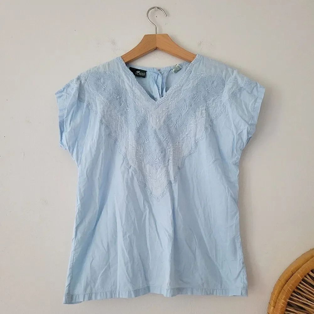 Vintage Cabin Creek 100% Cotton Baby Blue Blouse Embroidered Small